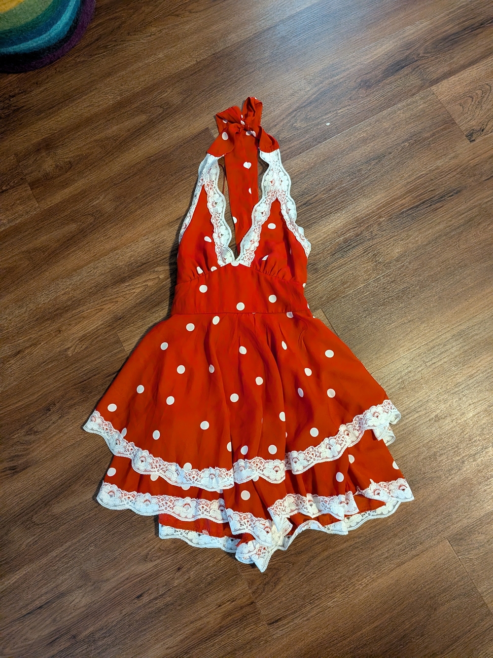 Altar'd State Red Polka Dot Lace-Trim Halter Romper